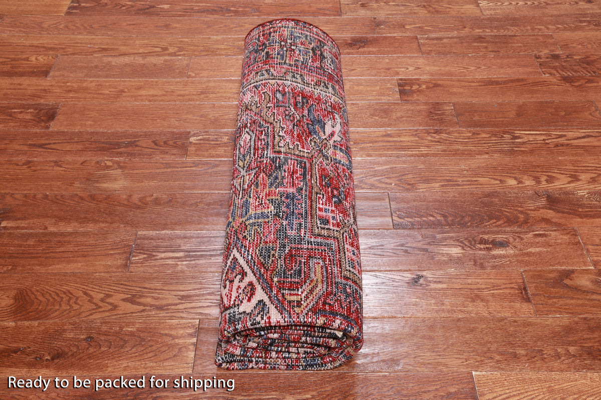 Red Vintage Persian Heriz Serapi Handmade Wool Rug - 6' 9" X 9' 3"