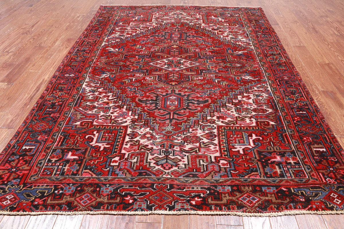 Red Vintage Persian Heriz Serapi Handmade Wool Rug - 6' 9" X 9' 3"