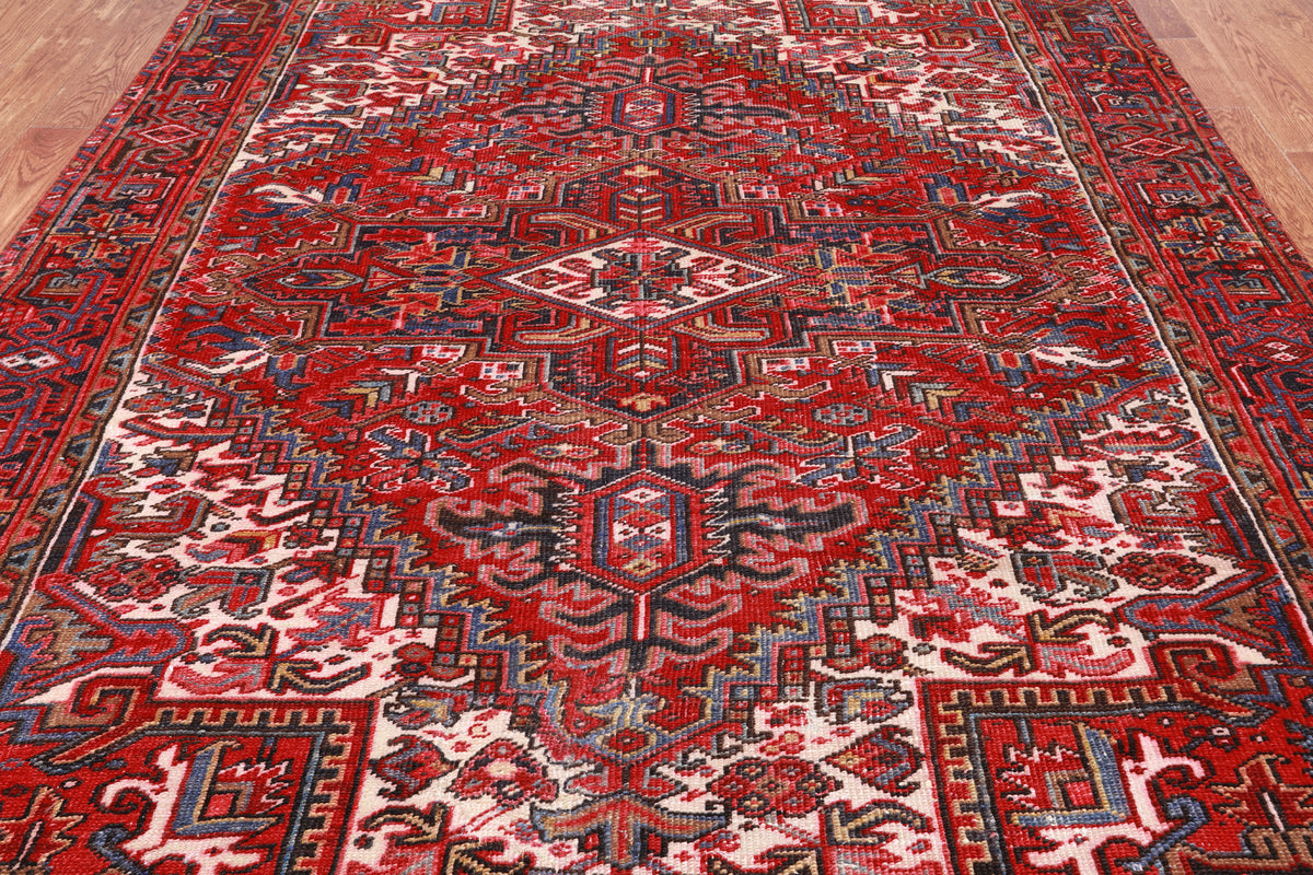 Red Vintage Persian Heriz Serapi Handmade Wool Rug - 6' 9" X 9' 3"