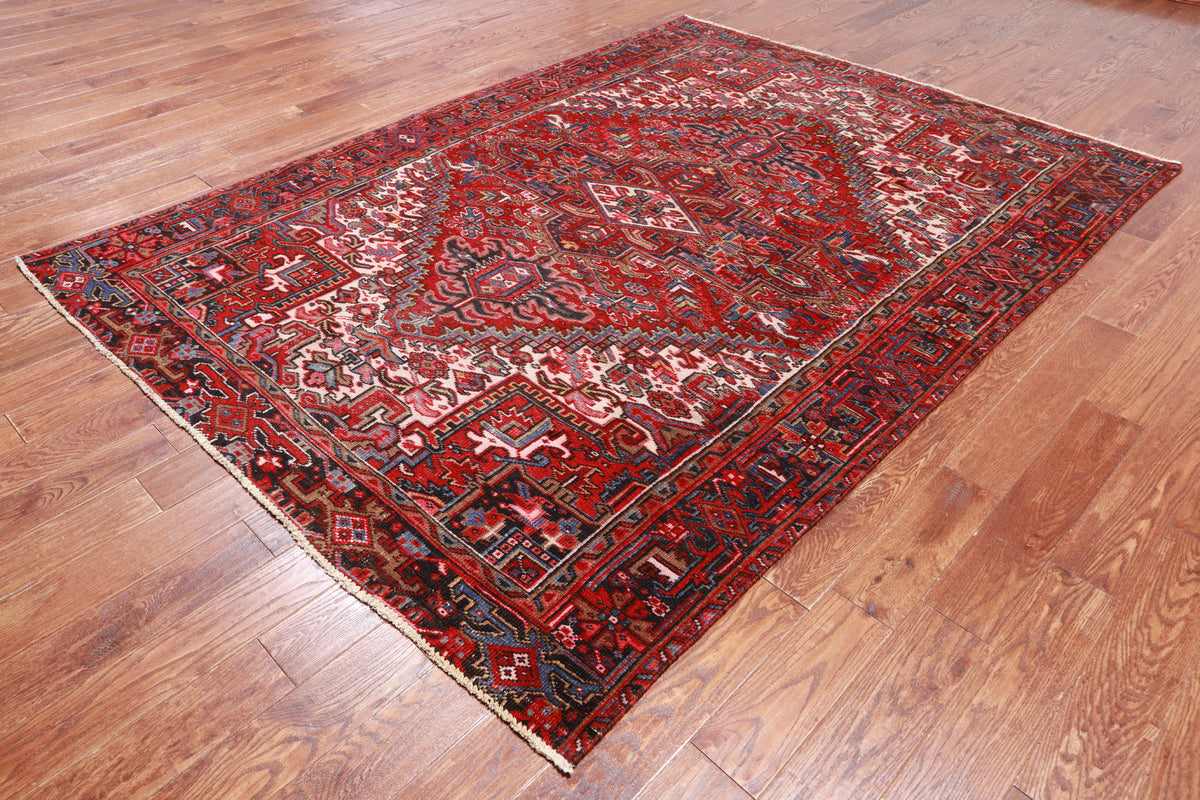 Red Vintage Persian Heriz Serapi Handmade Wool Rug - 6' 9" X 9' 3"