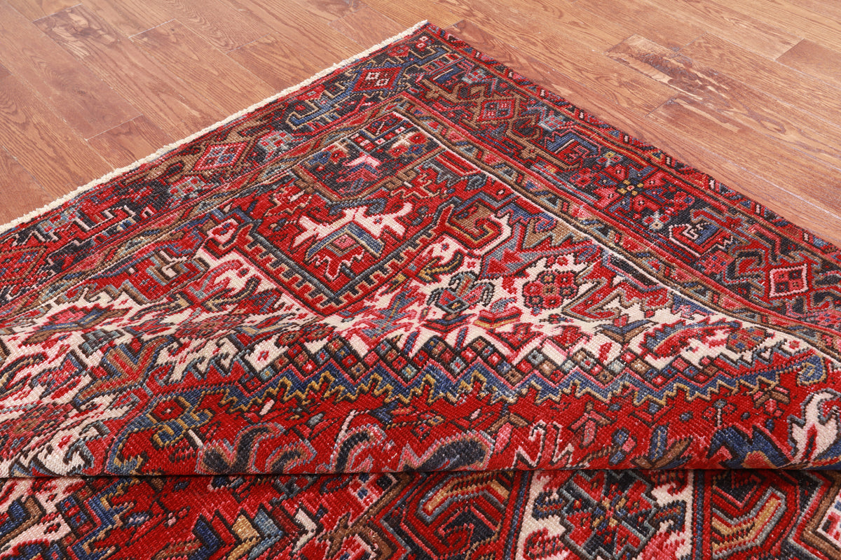 Red Vintage Persian Heriz Serapi Handmade Wool Rug - 6' 9" X 9' 3"