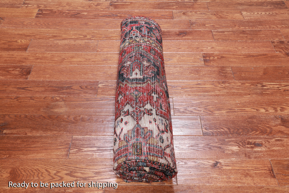 Red Vintage Persian Heriz Serapi Handmade Wool Rug - 6' 6" X 10' 2"