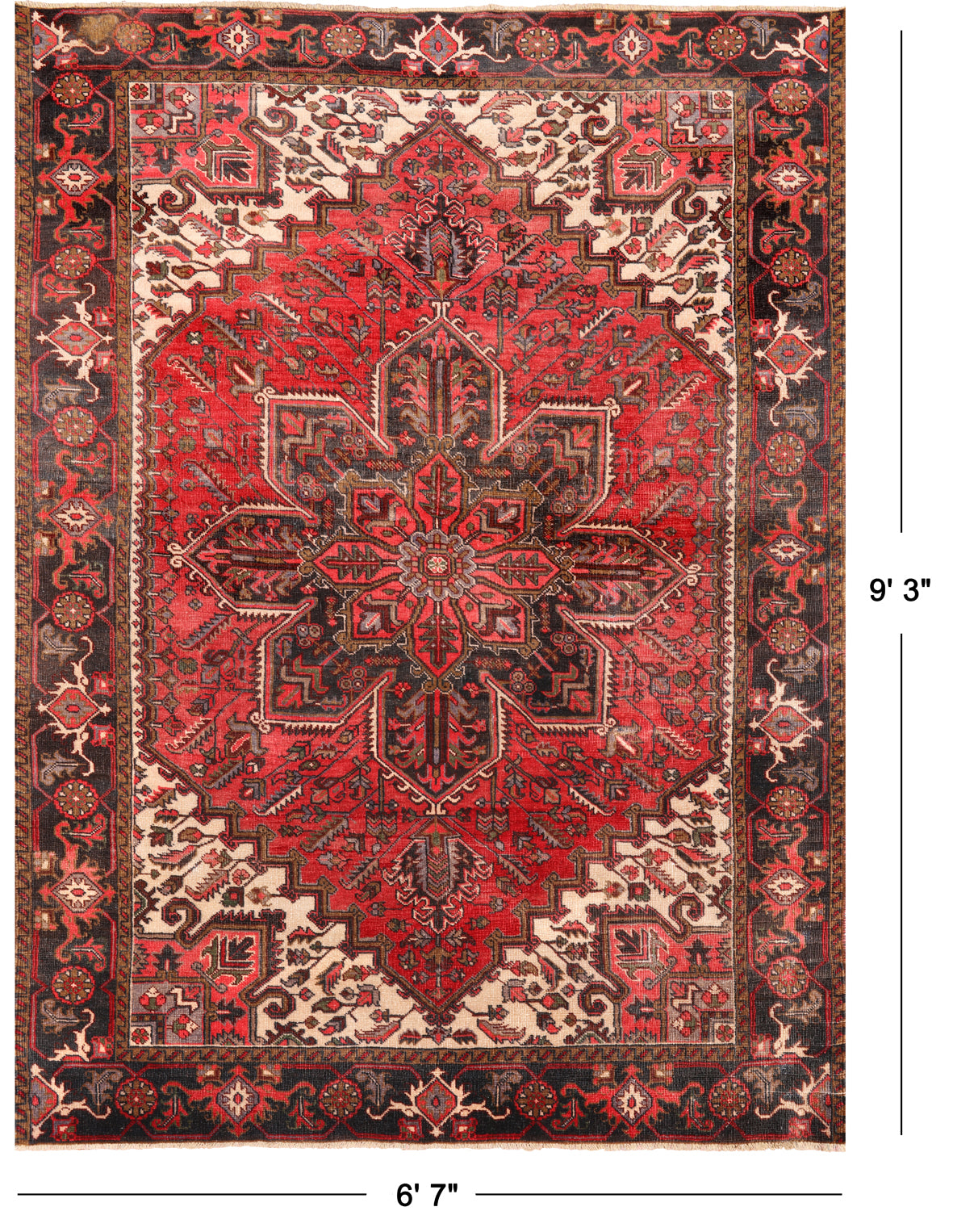 Red Vintage Persian Heriz Serapi Handmade Wool Rug - 6' 7" X 9' 3"