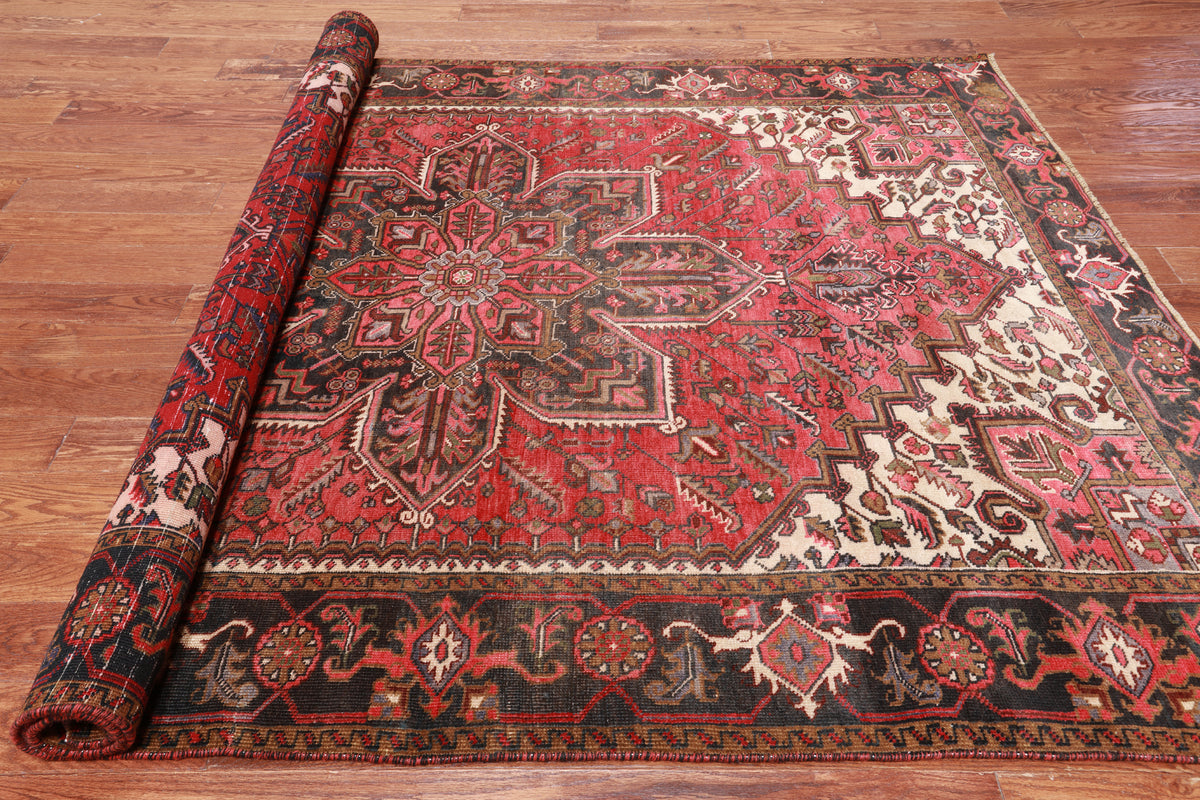 Red Vintage Persian Heriz Serapi Handmade Wool Rug - 6' 7" X 9' 3"