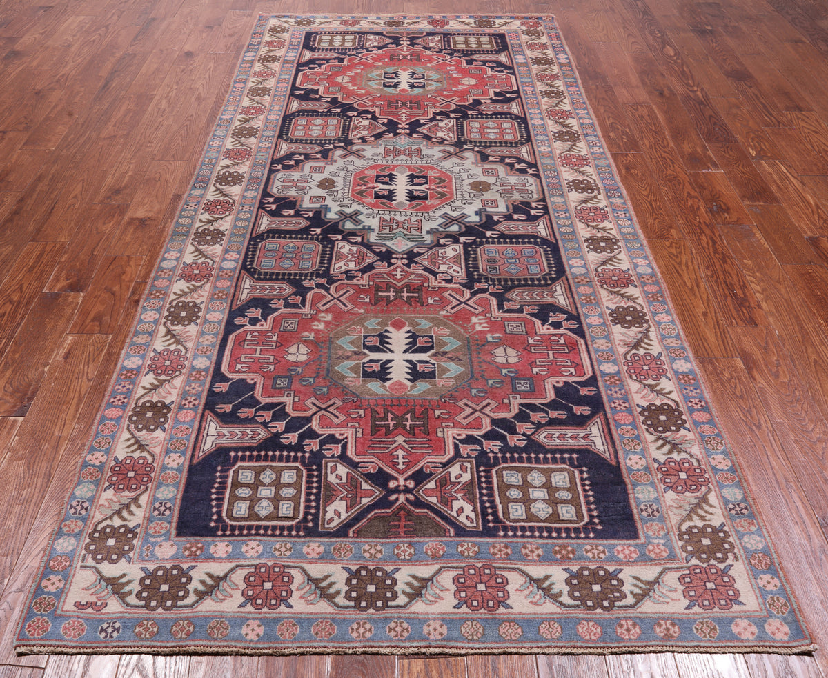 Navy Blue Vintage Persian Handmade Wool Rug - 4' 10" X 10' 4"