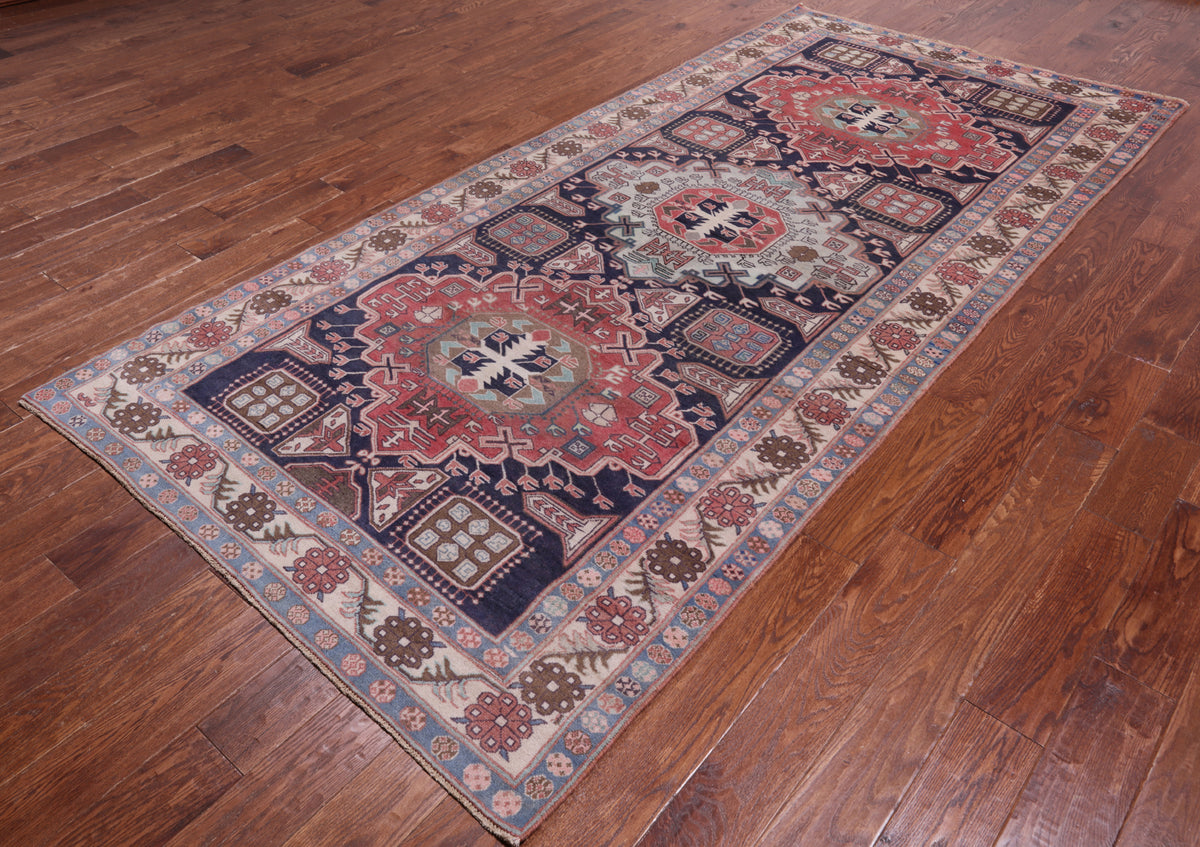 Navy Blue Vintage Persian Handmade Wool Rug - 4' 10" X 10' 4"