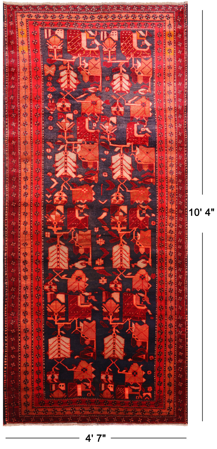 Navy Blue Vintage Persian Hand Knotted Wool Rug - 4' 7" X 10' 4"