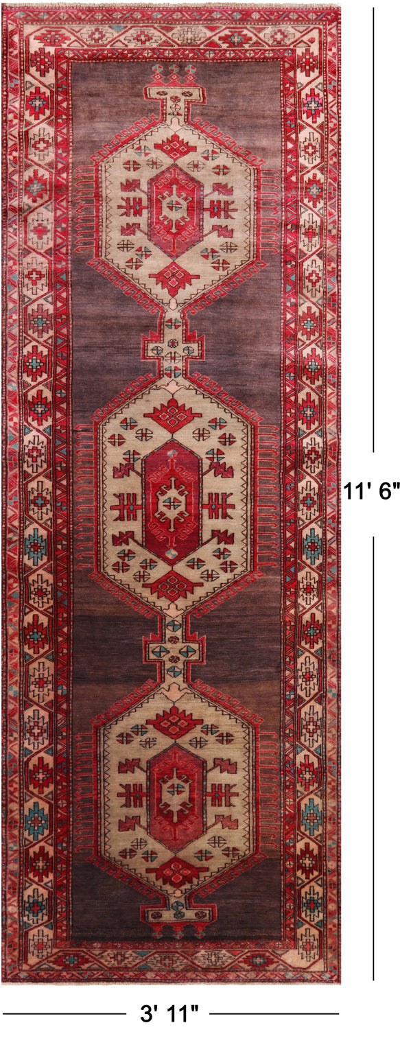 Brown Vintage Persian Hamadan Handmade Wool Runner Rug - 3' 11" X 11' 6"