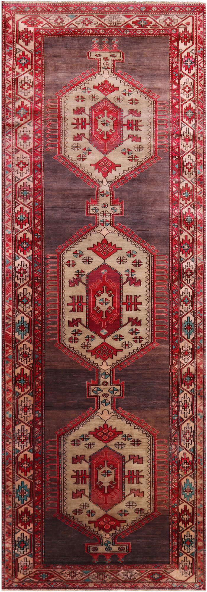 Brown Vintage Persian Hamadan Handmade Wool Runner Rug - 3' 11" X 11' 6"