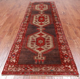 Brown Vintage Persian Hamadan Handmade Wool Runner Rug - 3' 11" X 11' 6"
