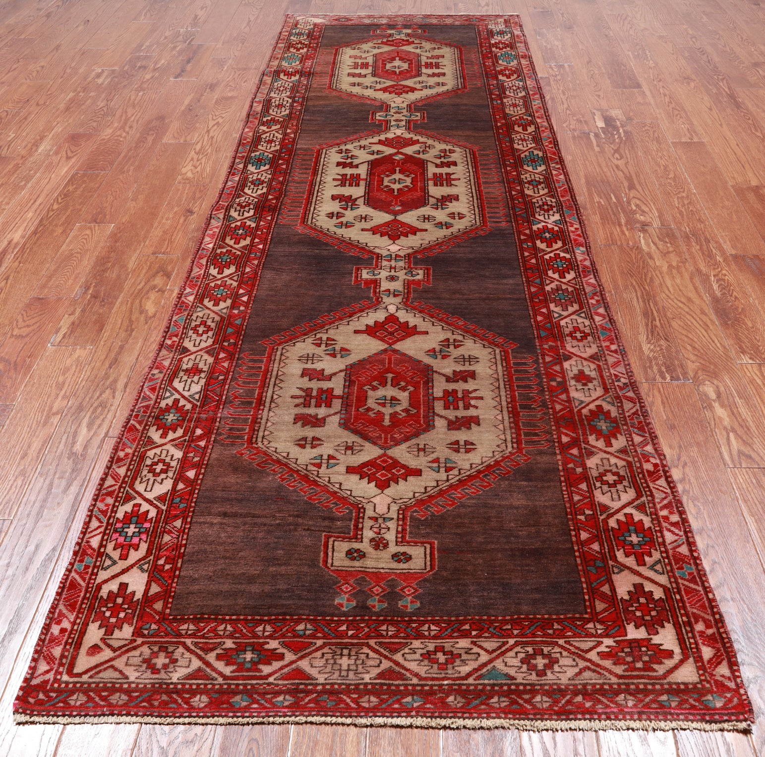 Brown Vintage Persian Hamadan Handmade Wool Runner Rug - 3' 11" X 11' 6"