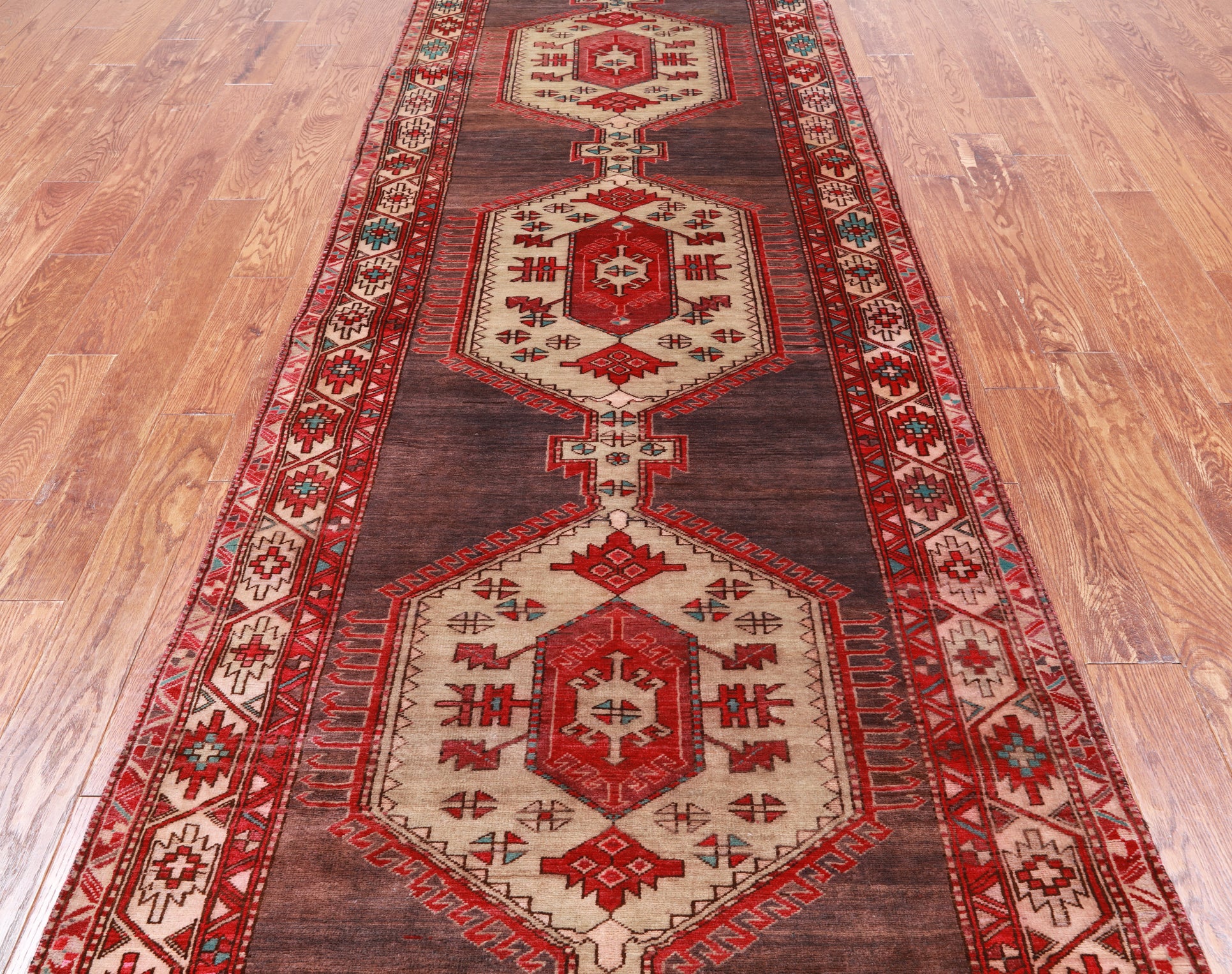 Brown Vintage Persian Hamadan Handmade Wool Runner Rug - 3' 11" X 11' 6"
