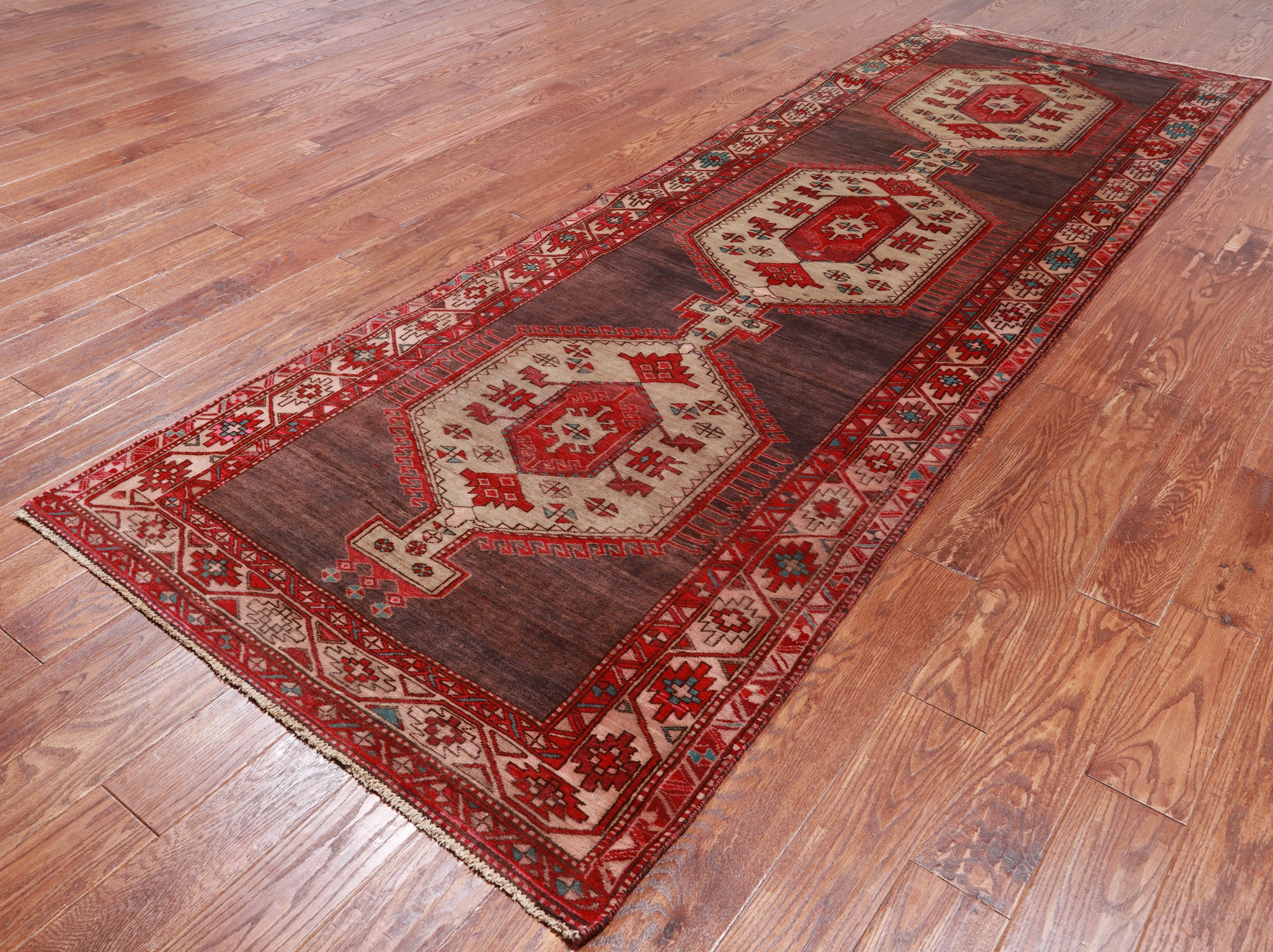 Brown Vintage Persian Hamadan Handmade Wool Runner Rug - 3' 11" X 11' 6"