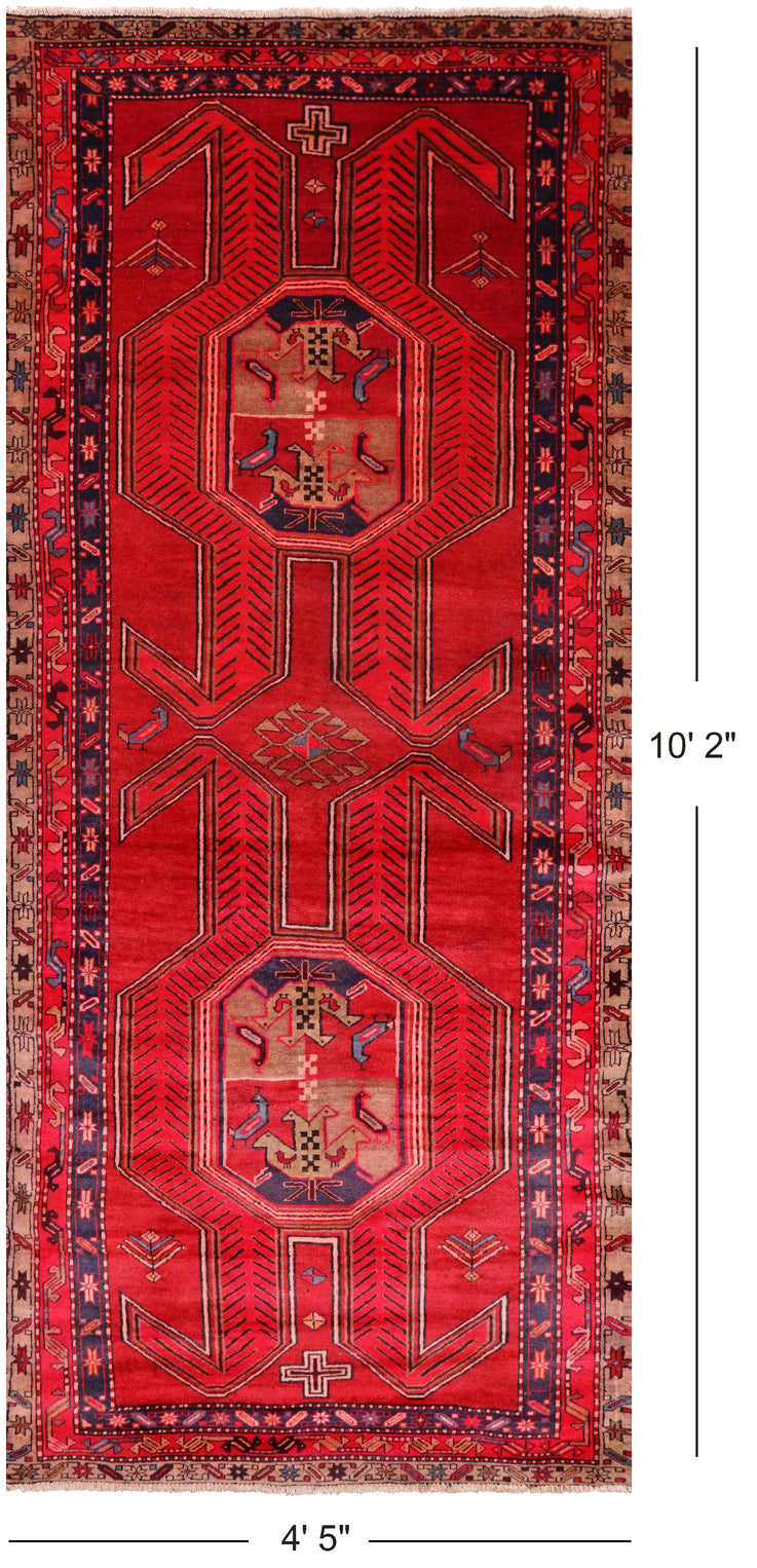 Red Vintage Persian Hand-Knotted Wool Runner Rug - 4' 5" X 10' 2"
