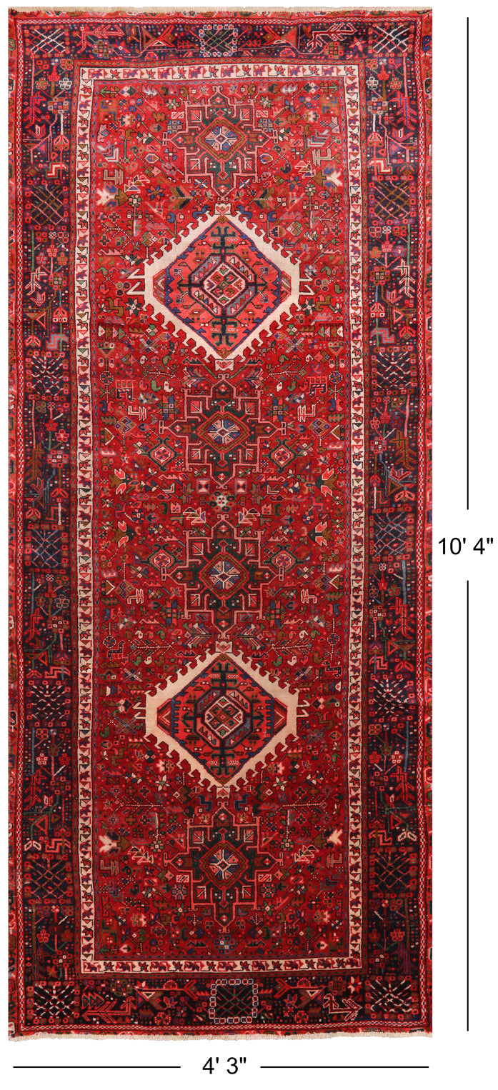 Red Vintage Persian Heriz Serapi Hand Knotted Wool Runner Rug - 4' 3" X 10' 4"