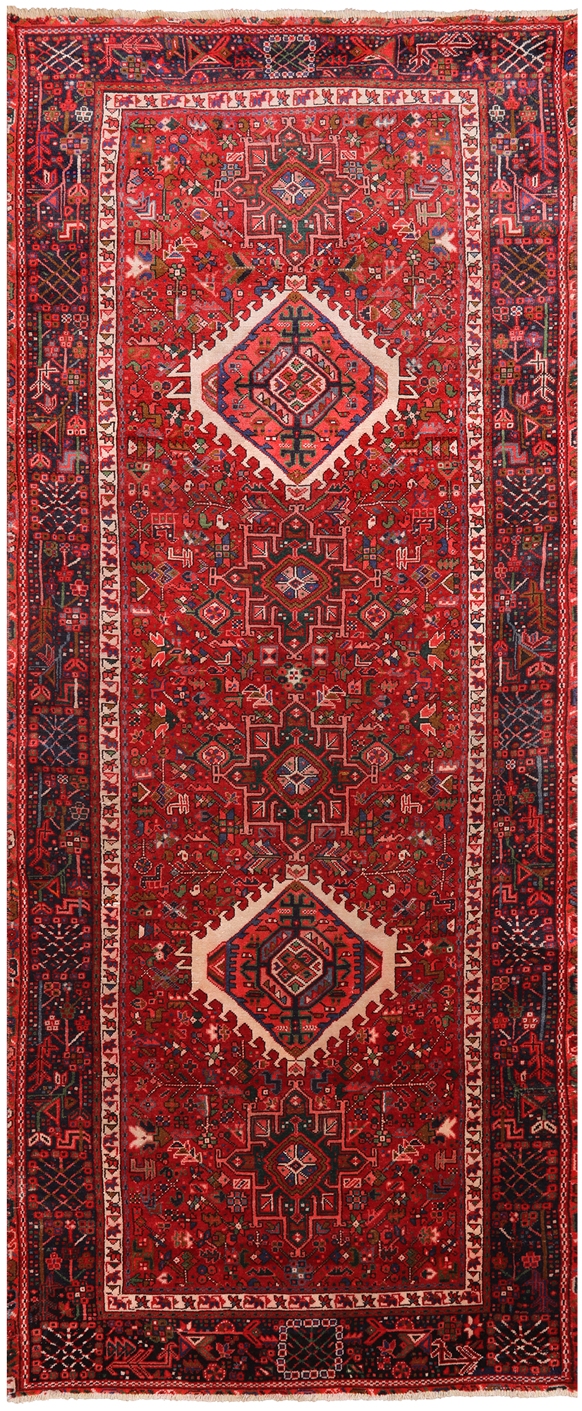 Red Vintage Persian Heriz Serapi Hand Knotted Wool Runner Rug - 4' 3" X 10' 4"