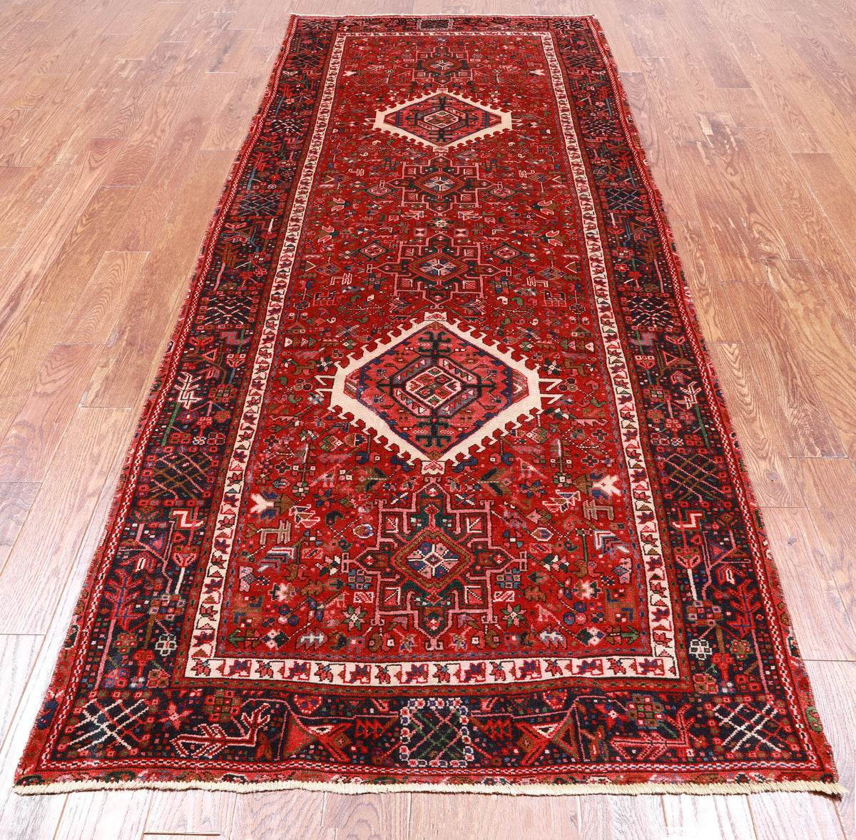 Red Vintage Persian Heriz Serapi Hand Knotted Wool Runner Rug - 4' 3" X 10' 4"
