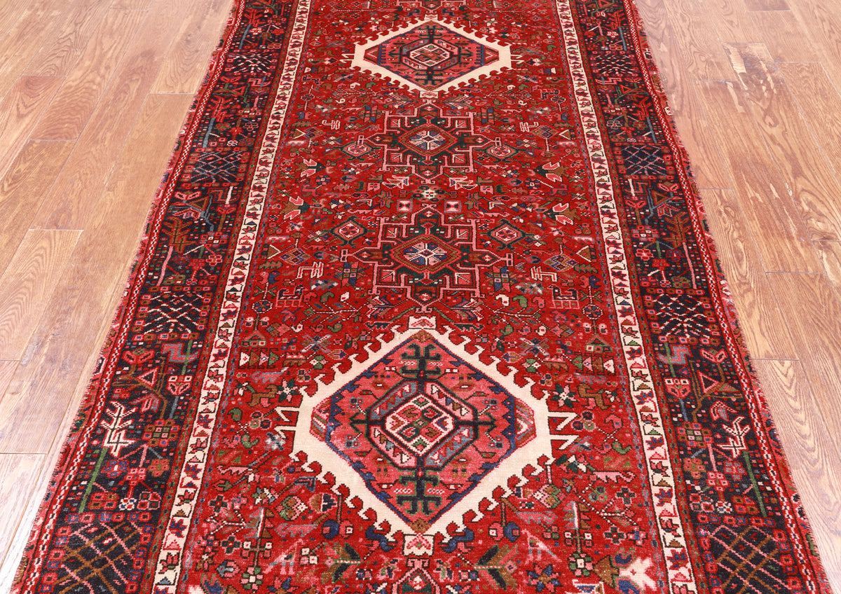 Red Vintage Persian Heriz Serapi Hand Knotted Wool Runner Rug - 4' 3" X 10' 4"