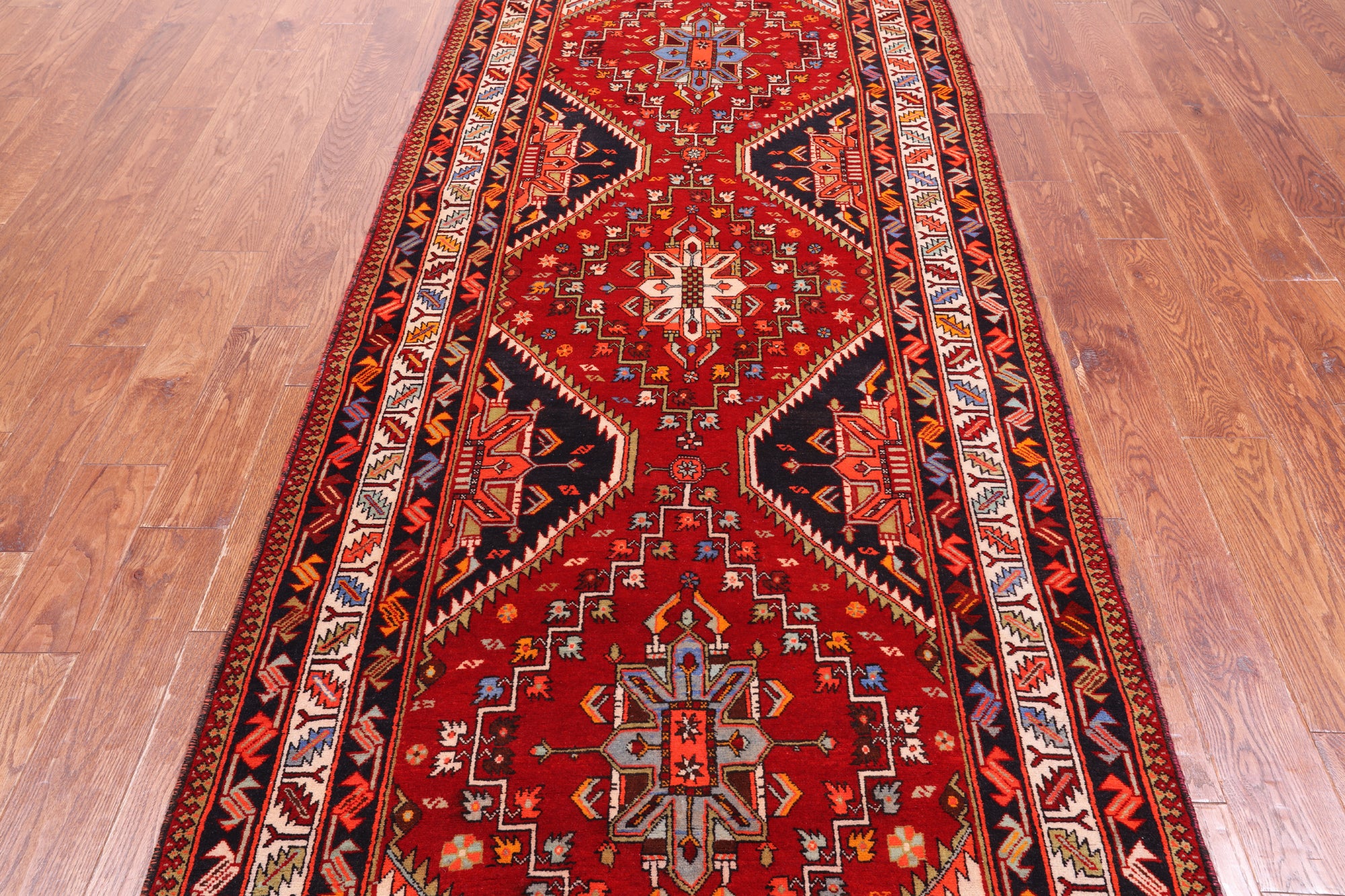 Red Vintage Persian Hand Knotted Wool Runner Rug - 3' 11" X 10' 2"