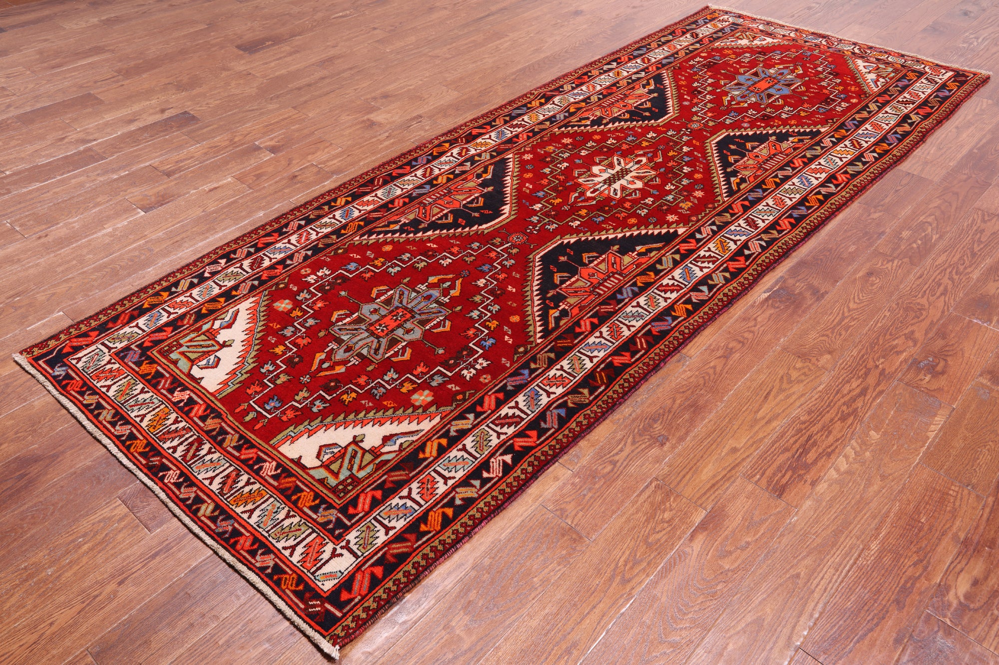 Red Vintage Persian Hand Knotted Wool Runner Rug - 3' 11" X 10' 2"