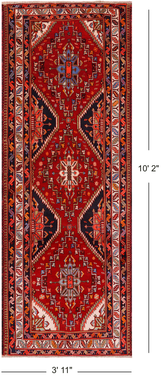 Red Vintage Persian Hand Knotted Wool Runner Rug - 3' 11" X 10' 2"