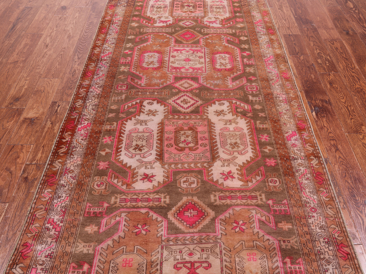 Brown Vintage Persian Hand Knotted Wool Runner Rug - 4' 2" X 10' 5"
