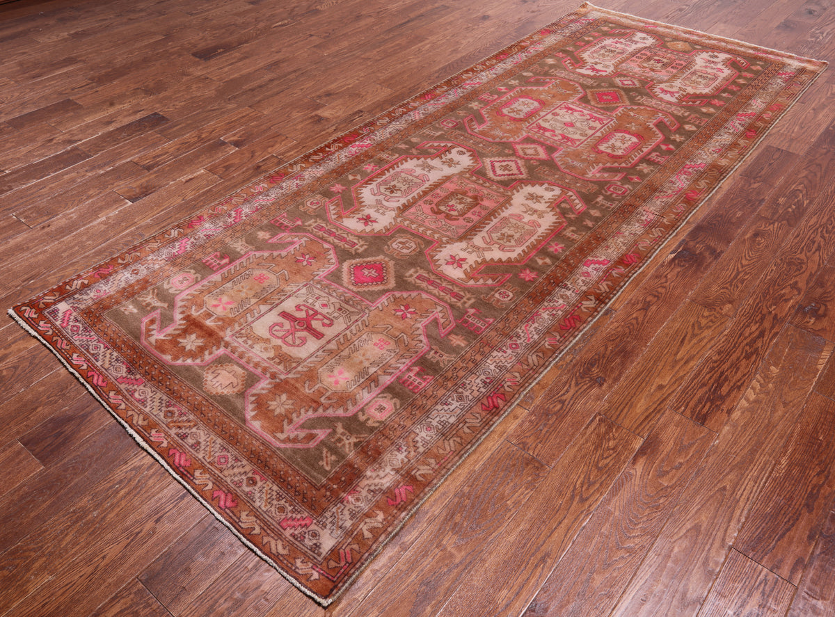 Brown Vintage Persian Hand Knotted Wool Runner Rug - 4' 2" X 10' 5"