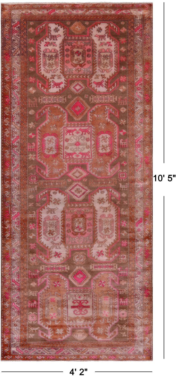Brown Vintage Persian Hand Knotted Wool Runner Rug - 4' 2" X 10' 5"