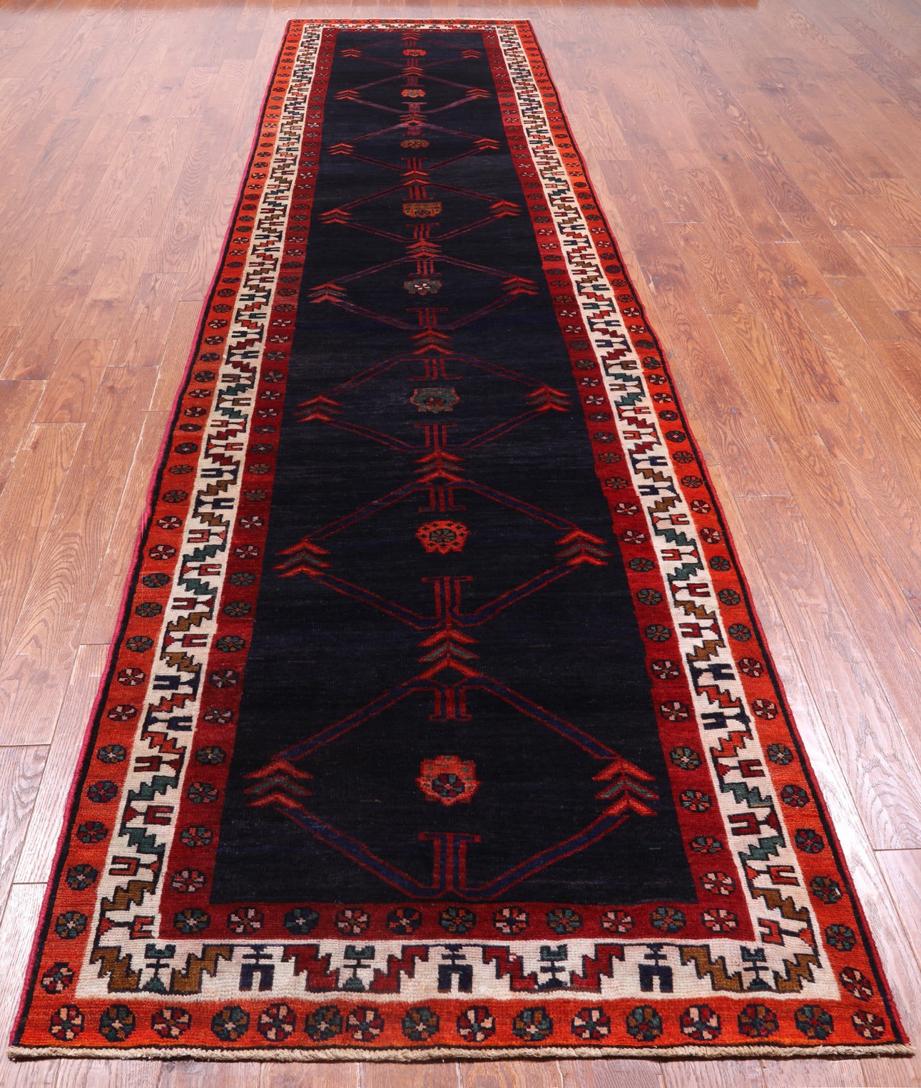 Navy Blue Vintage Persian Handmade Wool Runner Rug - 3' 8" X 14' 5"