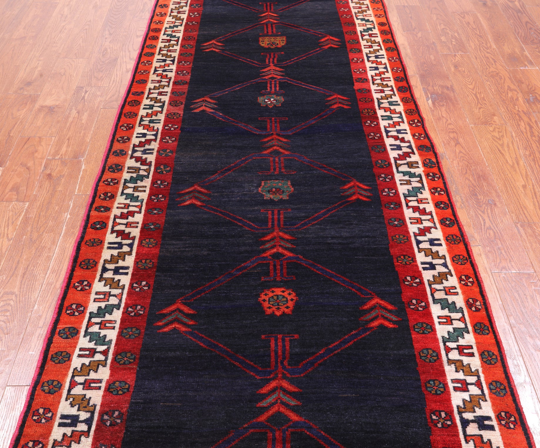Navy Blue Vintage Persian Handmade Wool Runner Rug - 3' 8" X 14' 5"