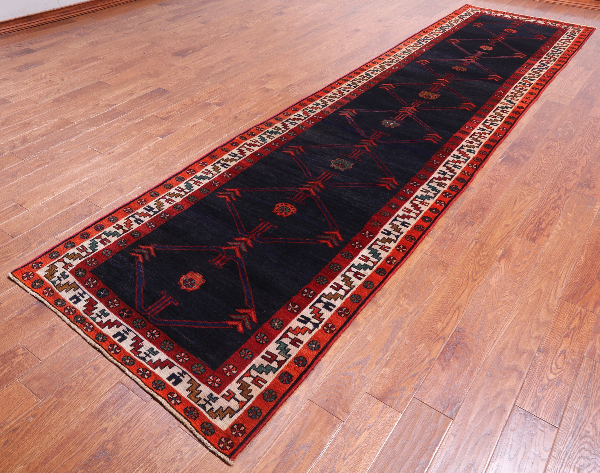 Navy Blue Vintage Persian Handmade Wool Runner Rug - 3' 8" X 14' 5"