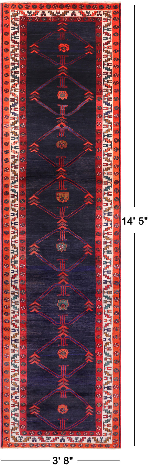 Navy Blue Vintage Persian Handmade Wool Runner Rug - 3' 8" X 14' 5"