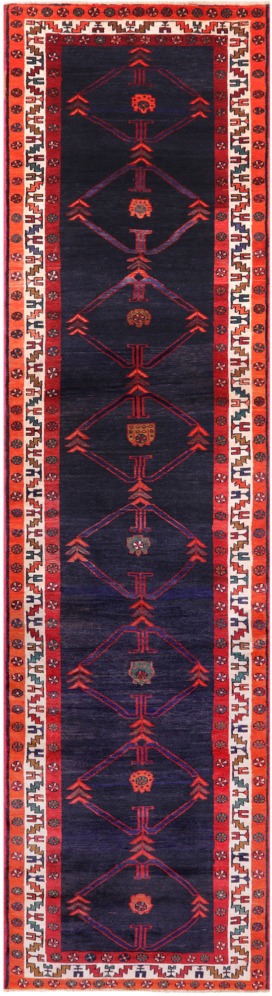 Navy Blue Vintage Persian Handmade Wool Runner Rug - 3' 8" X 14' 5"