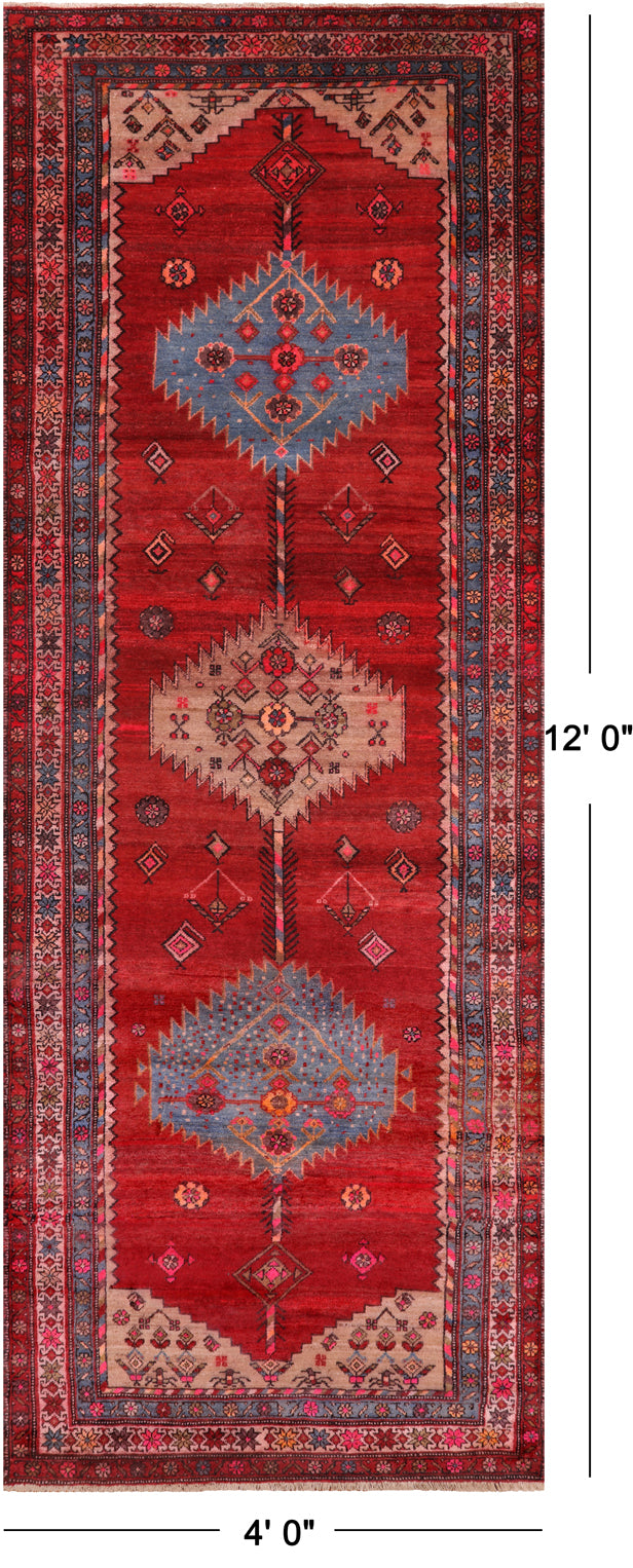 Red Vintage Persian Handmade Wool Runner Rug - 4' 0" X 12' 0"