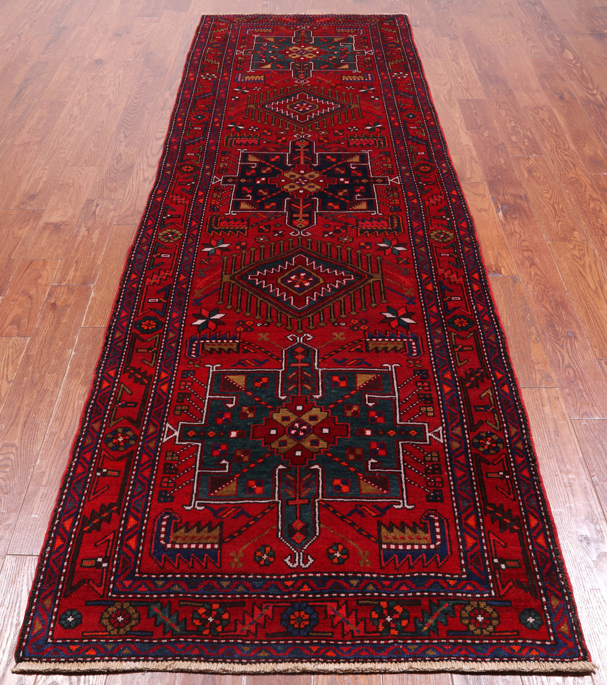 Red Vintage Persian Handmade Wool Runner Rug - 3' 6" X 10' 9"