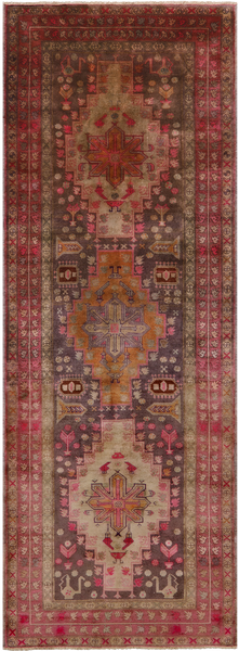 Brown Vintage Persian Hand-Knotted Wool Runner Rug - 3' 8" X 10' 6"