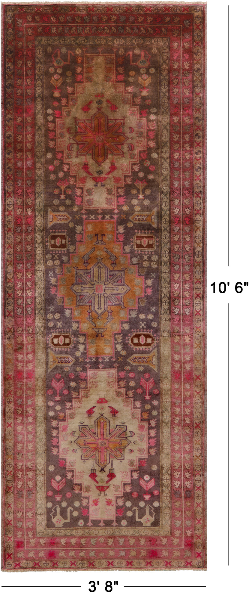 Brown Vintage Persian Hand-Knotted Wool Runner Rug - 3' 8" X 10' 6"