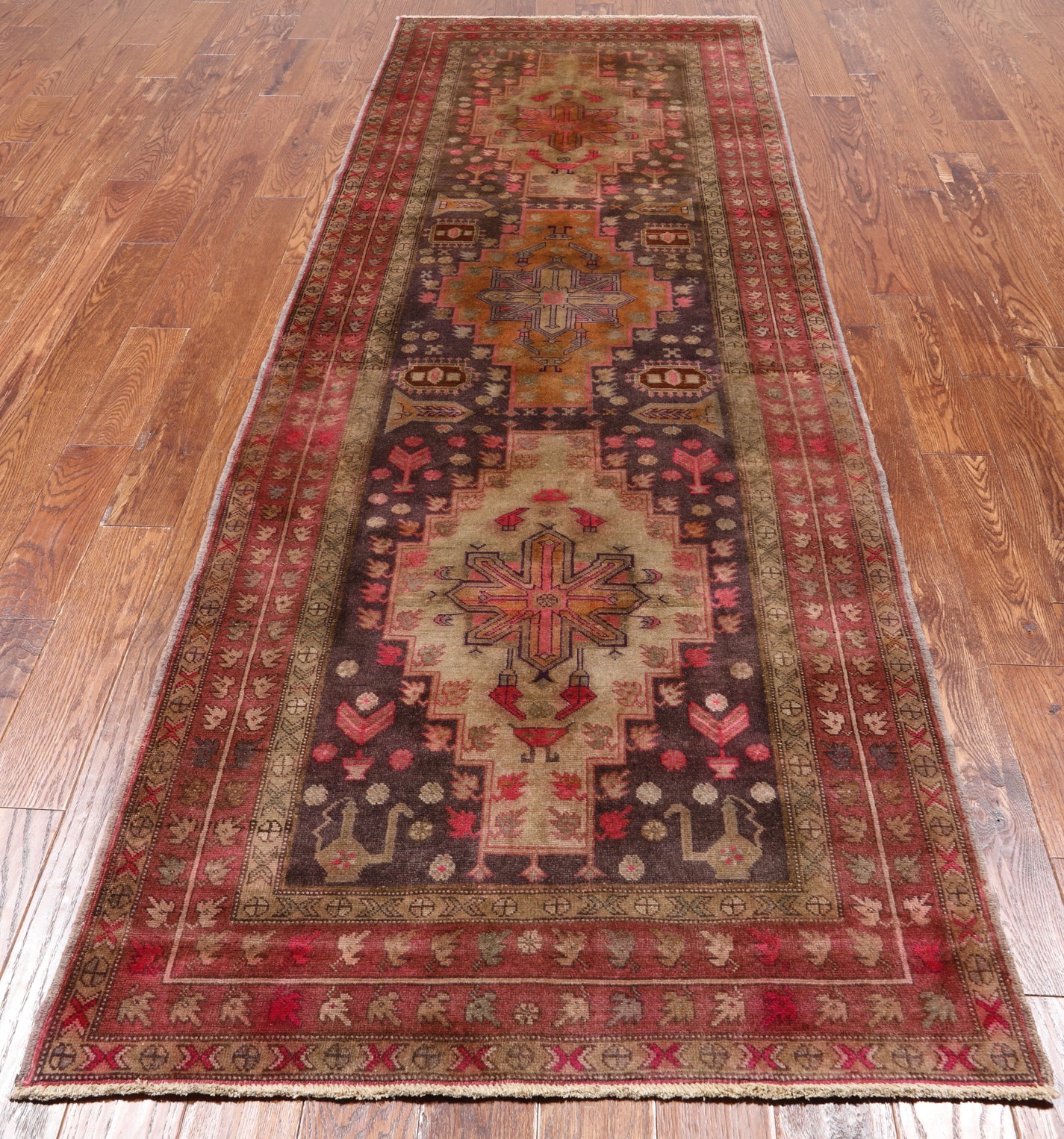 Brown Vintage Persian Hand-Knotted Wool Runner Rug - 3' 8" X 10' 6"