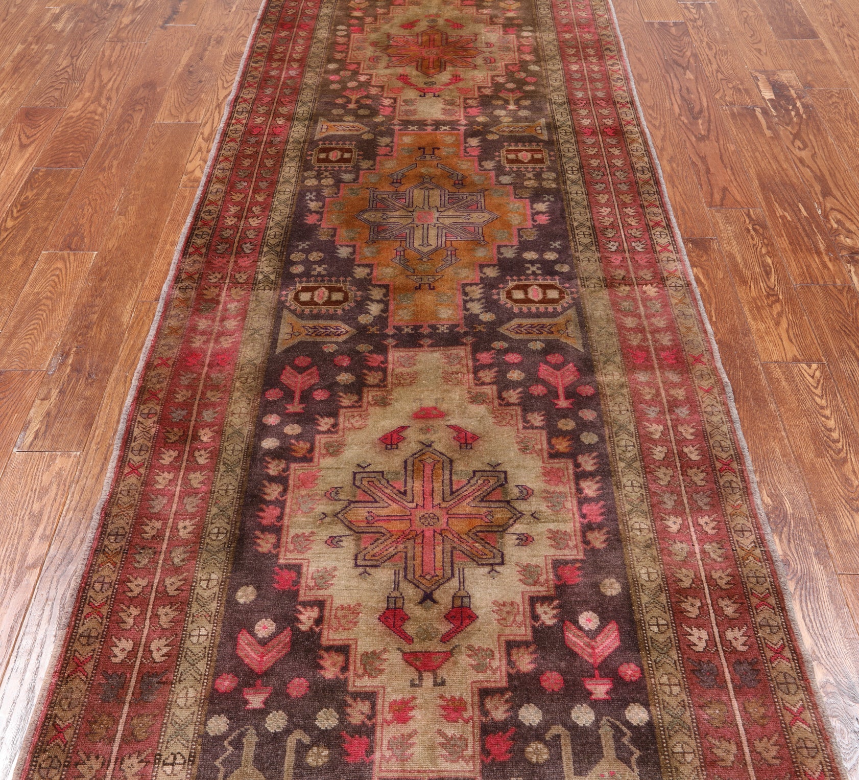 Brown Vintage Persian Hand-Knotted Wool Runner Rug - 3' 8" X 10' 6"