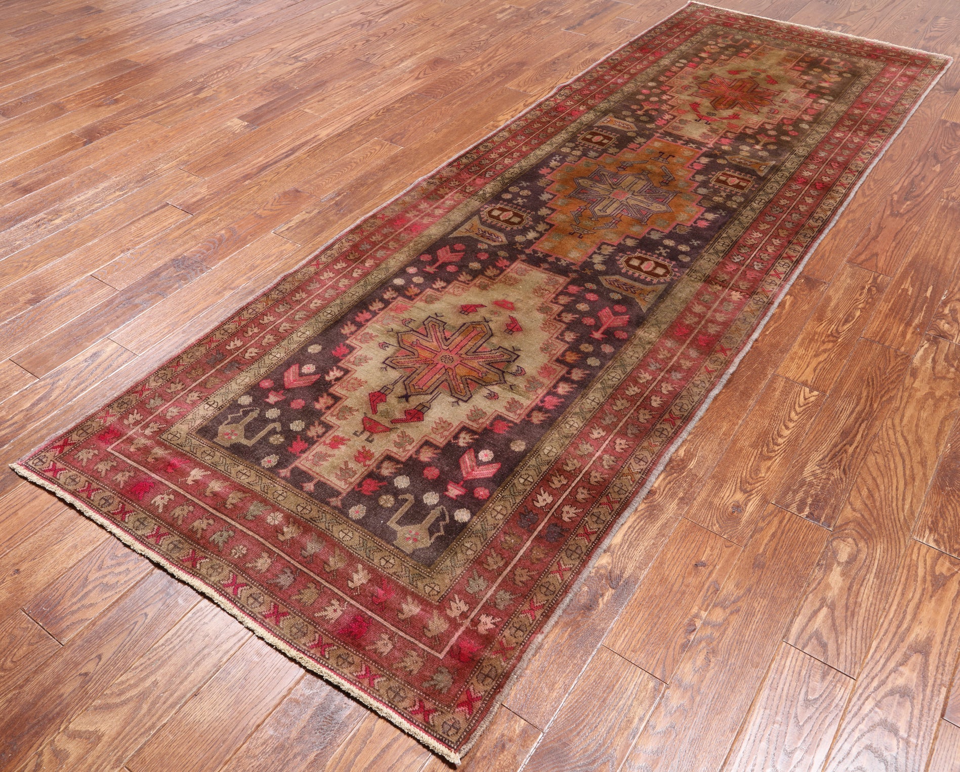 Brown Vintage Persian Hand-Knotted Wool Runner Rug - 3' 8" X 10' 6"