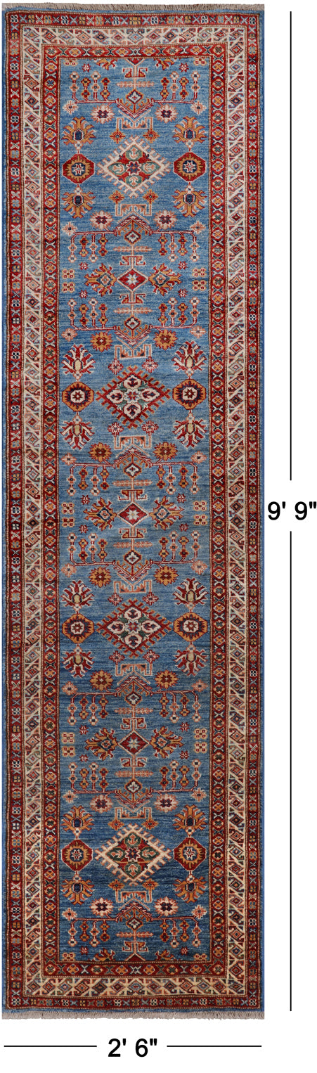 Blue Super Kazak Hand Knotted Wool Runner Rug - 2' 6" X 9' 9"