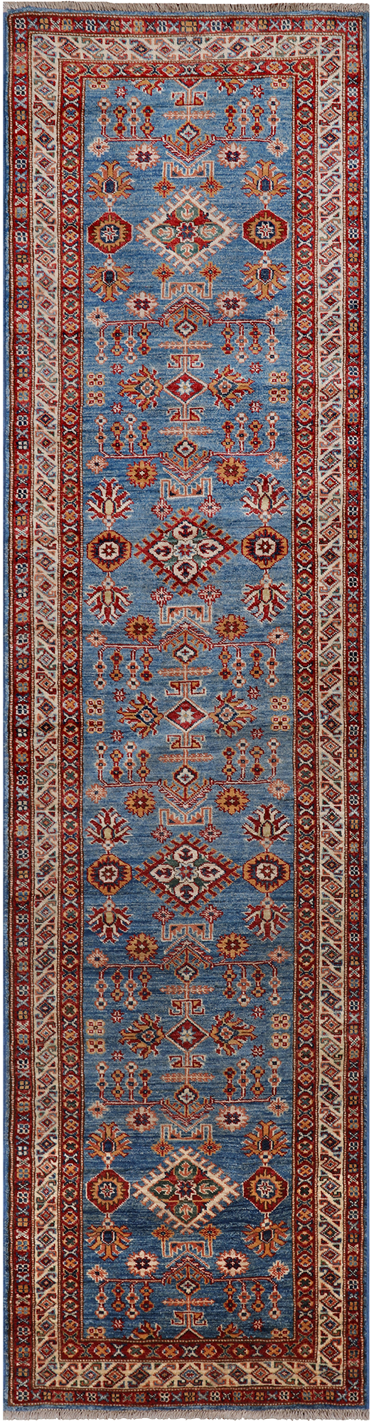 Blue Super Kazak Hand Knotted Wool Runner Rug - 2' 6" X 9' 9"
