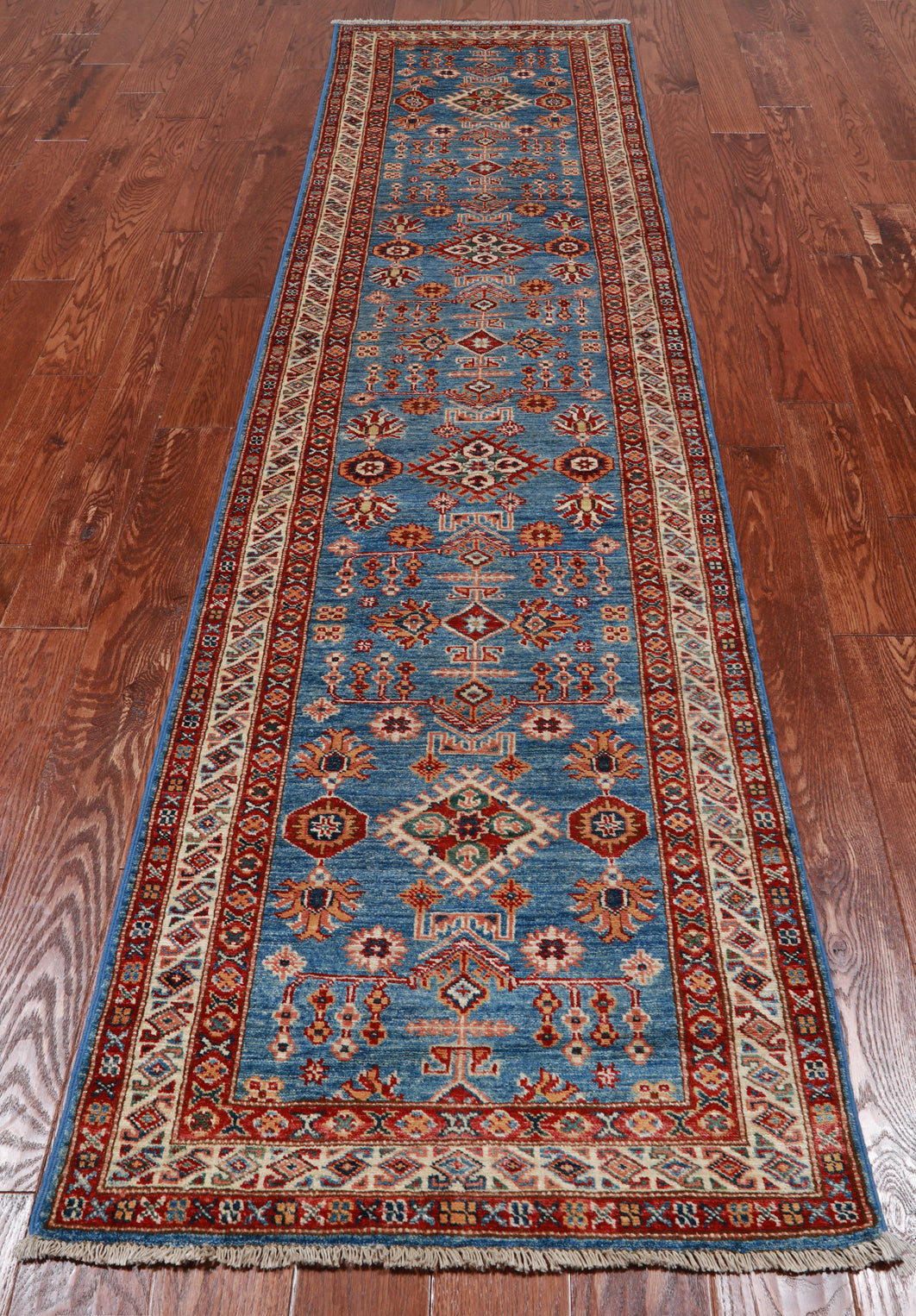 Blue Super Kazak Hand Knotted Wool Runner Rug - 2' 6" X 9' 9"