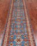 Blue Super Kazak Hand Knotted Wool Runner Rug - 2' 6" X 9' 9"