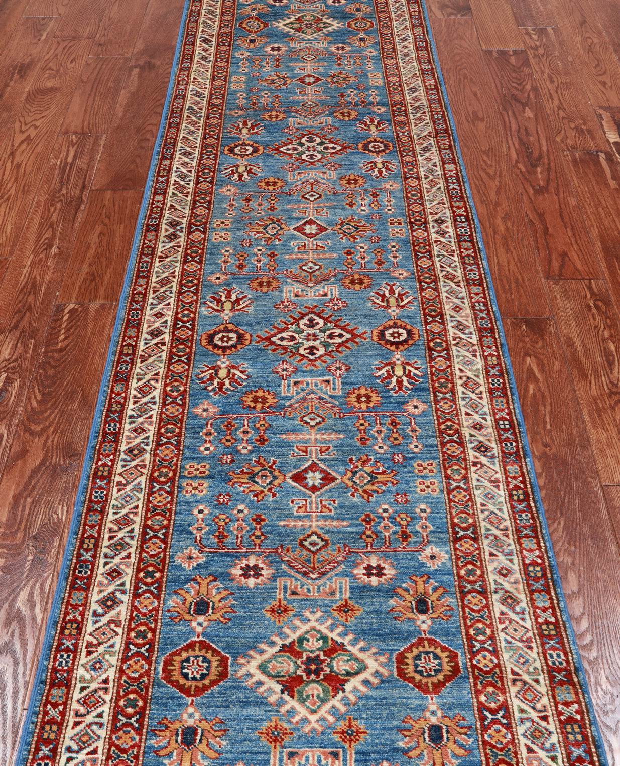 Blue Super Kazak Hand Knotted Wool Runner Rug - 2' 6" X 9' 9"