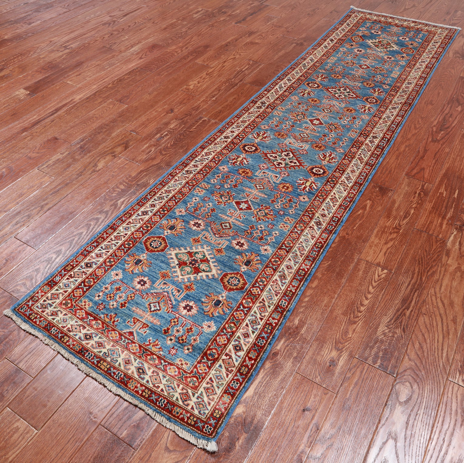 Blue Super Kazak Hand Knotted Wool Runner Rug - 2' 6" X 9' 9"