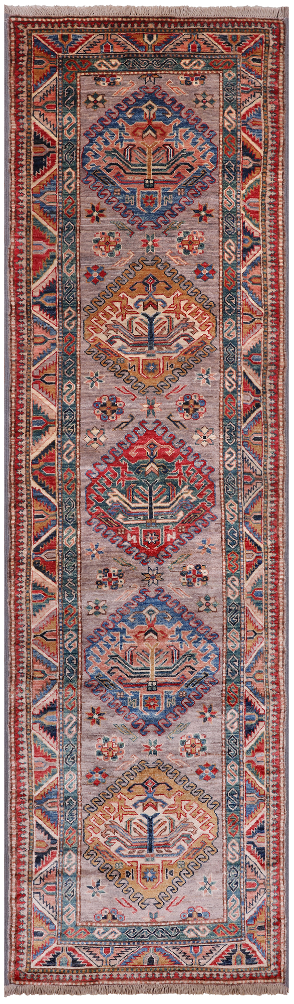 Grey Super Kazak Hand-Knotted Wool Runner Rug - 2' 7" X 9' 1"