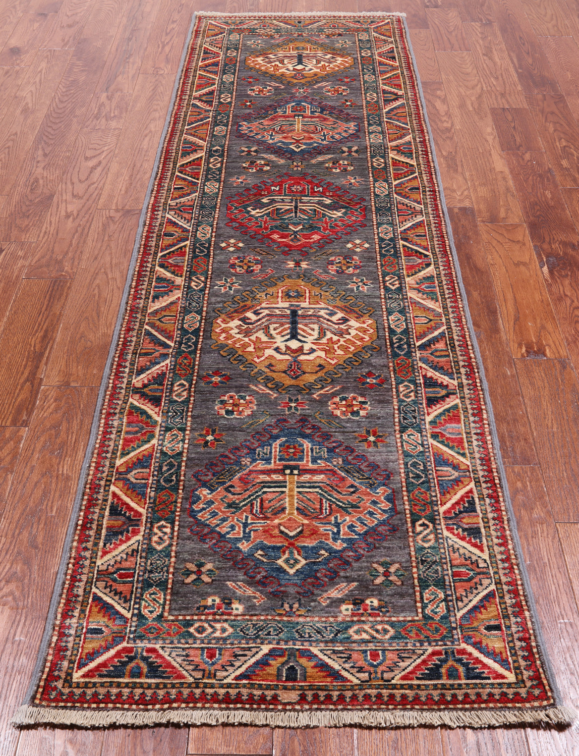 Grey Super Kazak Hand Knotted Wool Runner Rug - 2' 8" X 9' 0"