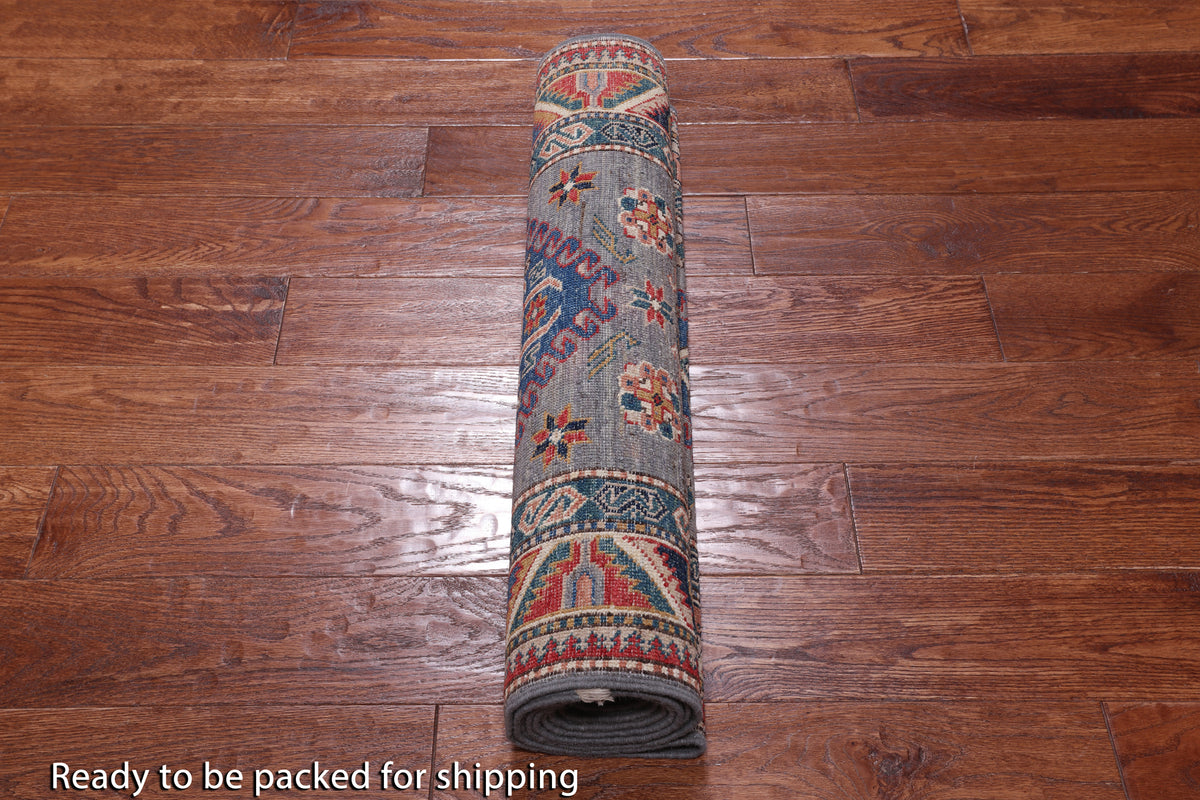 Grey Super Kazak Hand Knotted Wool Runner Rug - 2' 8" X 9' 0"