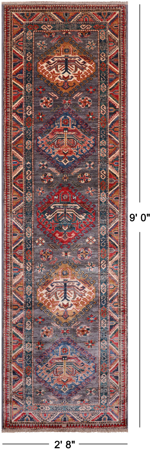 Grey Super Kazak Hand Knotted Wool Runner Rug - 2' 8" X 9' 0"